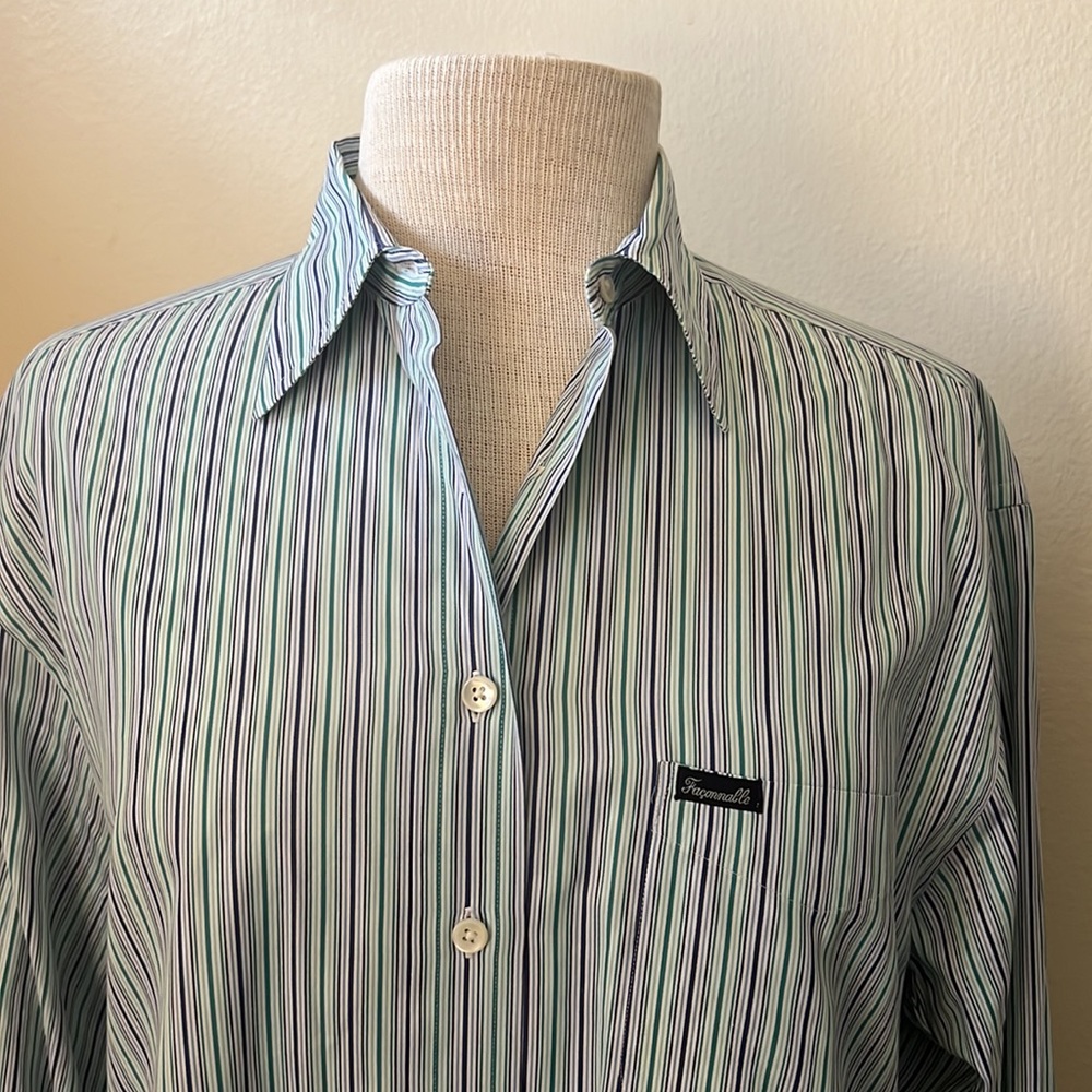 Faconnable Women’s Mint Green/Blue/White Striped Button Down Shirt Size Medium